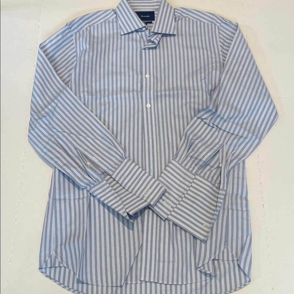Faconnable Light Blue and White Striped Button Down Shirt Size 40/15 3/4